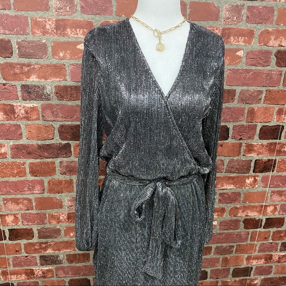 LARGE Black Metallic Wrap Tie Waist Mini Dress - Picture 10 of 17